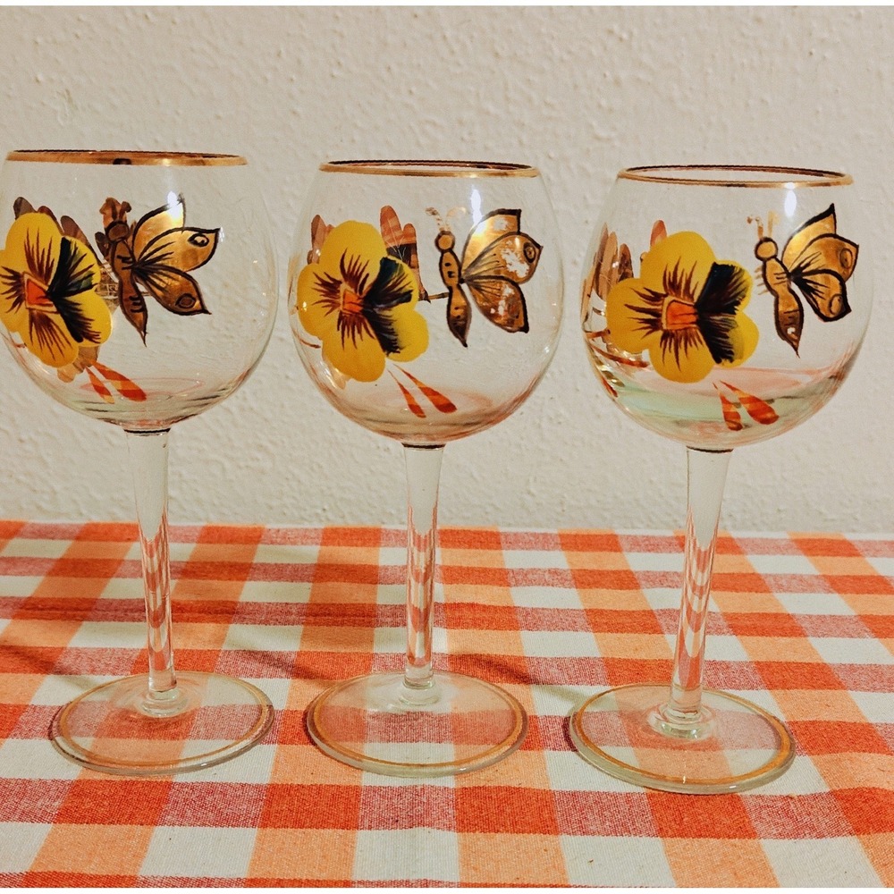 3 Vintage Handpainted Wine Glasses Butterly Pansy Flower Romanian Boho